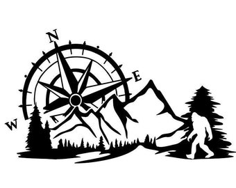 18" White Matte In Reverse *Bigfoot Sighting Compass Rose Mountains Tree Lined Vinyl Decal *High Quality Oracal 651 Vinyl