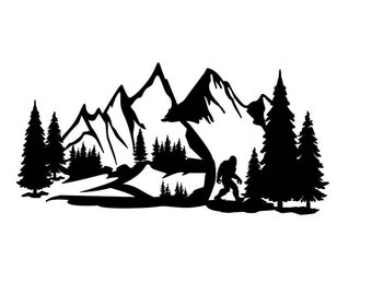 Bigfoot Sighting Mountain Tree Lined Design Vinyl Decal  *High Quality 651 Oracal Vinyl *Many Sizes/Colors Avail *For Any Smooth Dry Surface