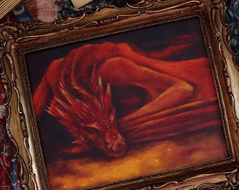 Smaug rustend ingelijst origineel kunstwerk