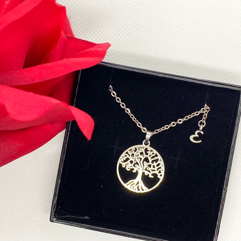 PERSONALISED tree of life necklace Tibetan silver tree of life round necklace customise silver letter pendant initial charm gift