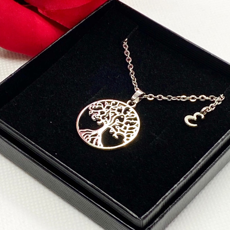 PERSONALISED tree of life necklace Tibetan silver tree of life round necklace customise silver letter pendant initial charm gift