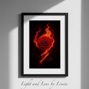 May include: Framed art print featuring a red rose engulfed in flames against a black background. The artwork is in a black frame and is titled "Light and Lens by Louise" in cursive script at the bottom.
