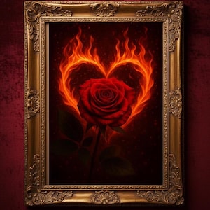 May include: A framed artwork featuring a red rose at the center, with a heart-shaped flame design around it. The frame is ornate and gold-colored, set against a dark background. The text "Light and Lens by Louise" is at the bottom.