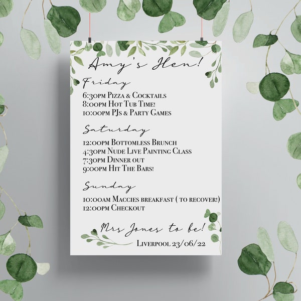 Hen Party Itinerary cards- Hen Do invitations- Personalised Bachelorette Party invites A6- Hen Party Ideas- sage green eucalyptus