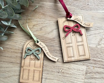 First house Christmas decoration, new house personalised Wooden door bauble, red/green with bow 45 x 88 mm
