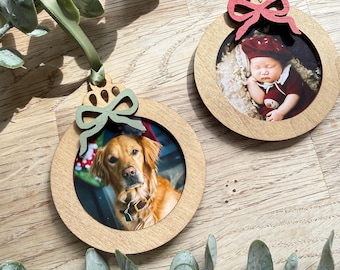 Photo baubles, wooden photo keepsake bauble, baby/family tree decoration bow customised