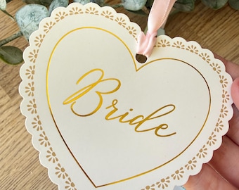 Bridesmaid, maid of honour & bride gift tags, gold foiled ivory lace hanger/ gift tags 9x8cm