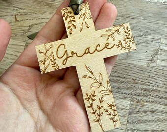 Personalised Wooden Cross Ornament | Christian Faith Gift | Engraved Cross Decoration | Baptism Christening Gift | Religious Keepsake