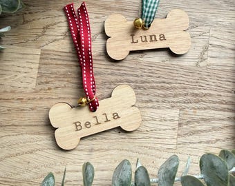 Dog Name Bone Christmas decoration, memorial personalised Wooden bone bauble, red/green with bells 78 x 42mm