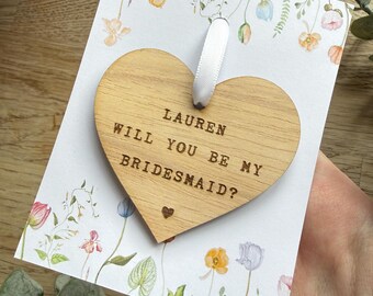 Bridesmaid Proposal Card, Will You Be My Bridesmaid wooden engraved heart card. Personalised Maid of Honour Gift