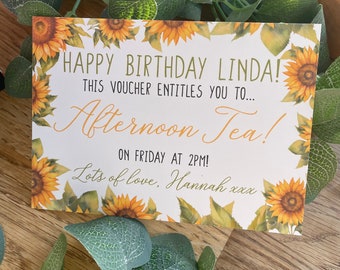 Afternoon Tea Gift Voucher, Sunflower Birthday Card, Personalized Experience, Unique Gift Idea