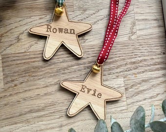 Name star Christmas decoration, star personalised Wooden bauble, red/green with bells