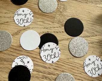 Custom age/ name Party Confetti: Black, silver & white birthday table decor(45 Pieces)