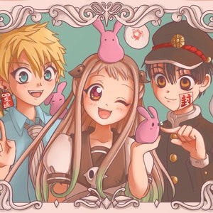 May include: A colourful illustration of three anime characters, two with pink bunny plushies and one with a white bunny plushie. The characters are smiling and looking at the camera. The background is a light blue with a decorative frame.