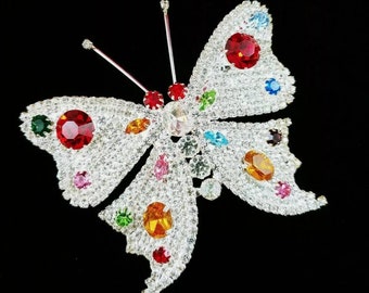 vintage Beautiful 3.25" Butterfly Prong Set Pave Rhinestone silver tone bug insect shoulder brooch pin large wedding bouquet