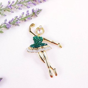 Vintage Jeweled Ballerina Dancer brooch pin lady woman girl gold tone fancy woman GREEN Rhinestone Tutu Dress Ballet