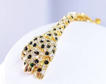 Articulated Jointed Panther Cheetah Jaguar Leopard Cougar Panther Cat Spotted Enamel Shoulder Brooch Pin Rhinestone Gold Tone