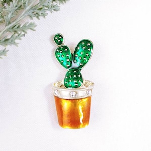 Vintage Cactus Brooch: Green Enamel Rhinestone Silver Tone Pin