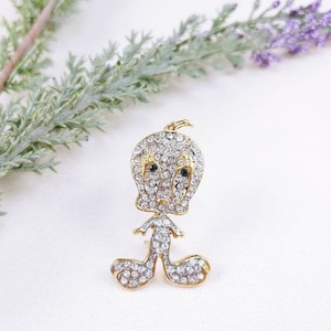 Vintage Tweety Vogel Looney Tunes Cartoon Charakter klar Strass Silber Ton Gold Ton Brosche Pin