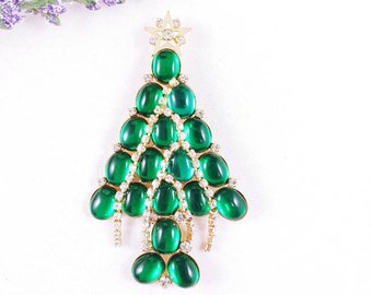 Vintage Christmas Tree Brooch Pin Emerald Green Glass cabochons prong set Rhinestone Garland dangles Ornaments Star Gold Tone Holiday Xmas
