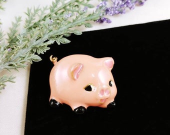 Vintage Cute Adorable Pink Pig Swine Piggy green eyed rhinestone Enamel Eyes body gold tone brooch pin Farm Bacon Ham curly tail country