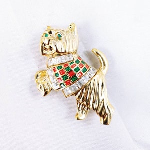 Vintage Scotty scottie Terrier puppy dog enamel plaid jacket sweater brooch pin gold tone rhinestone