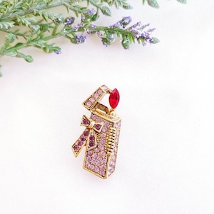 Vintage 3D Lighter Red Flame Purple rhinestones Bow gold tone brooch pin Table Pocket