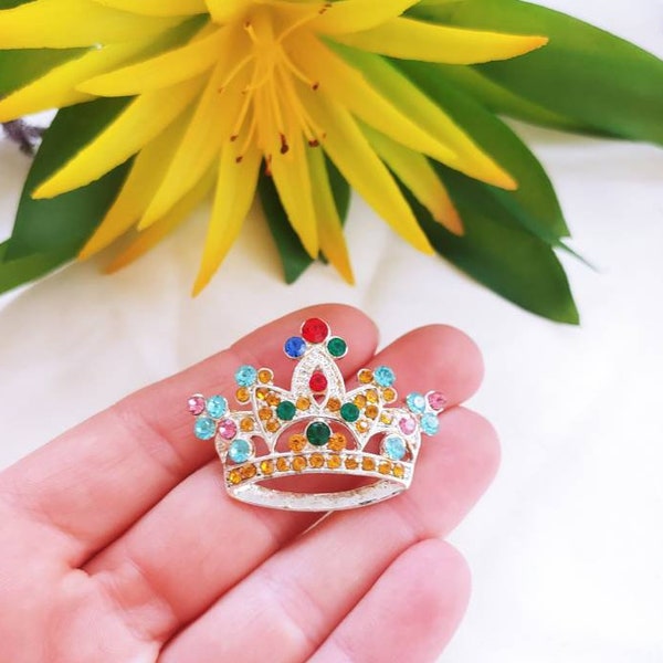 Vintage Jeweled Royal Crown Royalty Queen King silver tone Pink red blue green yellow rhinestones brooch pin Prince Princess Coronation