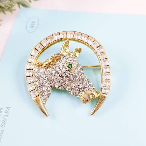 Vintage Race Horse Head Wild Mustang Pony Horseshoe Lucky Shoe Clear Rhinestone Figural Gold tone brooch pin equestrian Show Polo