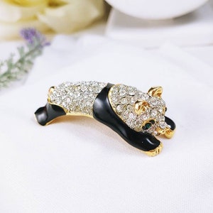 Vintage 3D Panda Bear Brooch: Gold Tone Enamel Rhinestone Pin
