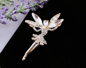 Vintage brooch pin Flying Fairy pixie lady Wings fancy woman wings silver tone Rhinestone