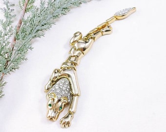 Vintage Articulated Jointed Cat Lion King of Jungle Lioness Over the Shoulder Brooch Pin Gold Tone Rhinestone Panther style