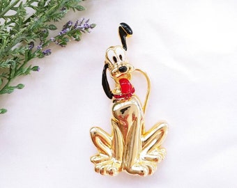 Vintage 3.25" Brooch pin 3D Pluto dog puppy Reflective gold tone Red Rhinestone collar floppy ear move Mickey Mouse cartoon