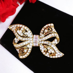 Vintage Gold Tone Rhinestone Bow Brooch