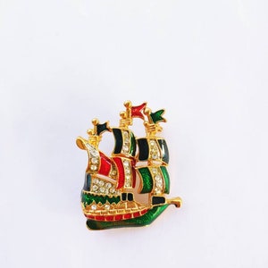 vintage Sailboat Boat Nautical Ocean Rhinestone Enamel Brooch Pin Pirate Ship Treasure