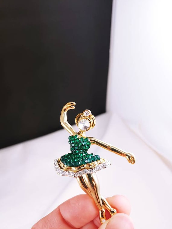 Broche Vintage Ballerine - Doré à Strass Rouges, Bleus, Verts - 5,2 Cm - Neuve Sans Emballage