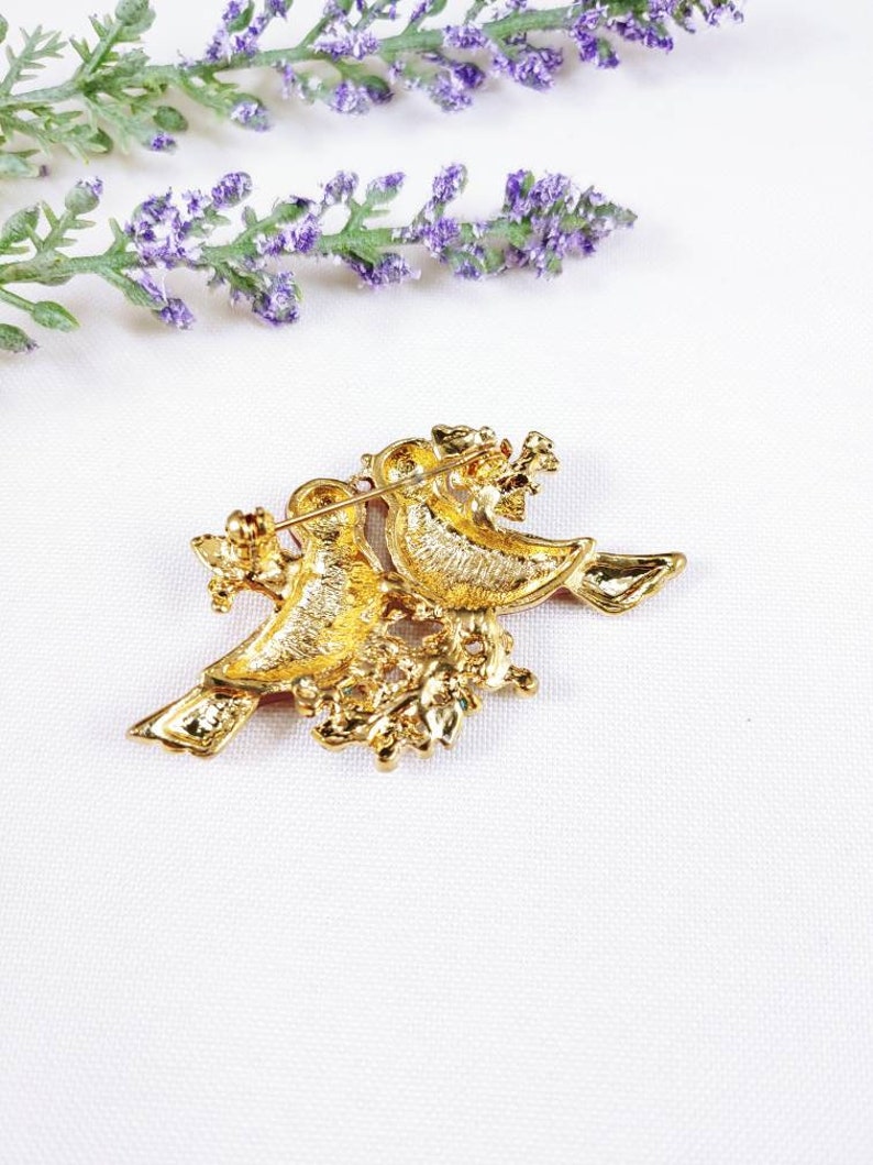Birds brooch pin rhinestone bird of paradise love bird parrot bird on Tree Branch Flowers painted enamel Duette style