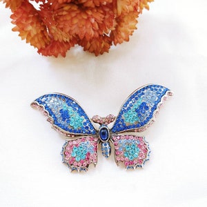 Vintage Butterfly Brooch: Blue Aqua Rhinestone Silver Tone Pin