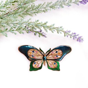 Vintage Big 3.75&quot; Butterfly Rhinestone Colorful Bright Enamel Enameled gold tone bug insect brooch pin large monarch tropical garden flower