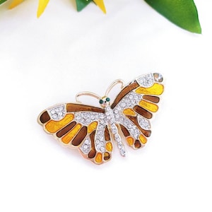 Vintage Butterfly Rhinestone  Brown Yellow Enamel gold tone bug insect brooch pin large tropical garden flower monarch