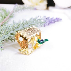 Vintage Adorable Bird House feeder Birdhouse Trembler Green Enamel Birdy Brooch Pin Gold Tone Garden Gardner Green Blue Bird Watcher image 2