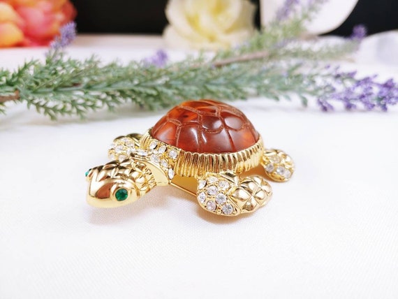 Vintage Adorable Brooch pin Turtle gold tone Faux… - image 3