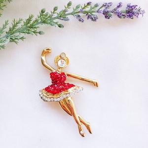 Vintage Jewelry Brooch Pin Gold Toned Ballerina Dancer Red