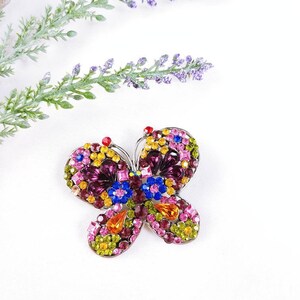Vintage Rhinestone Butterfly Brooch: Silver Tone Colorful Insect Pin