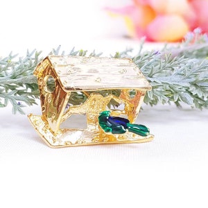 Vintage Adorable Bird House feeder Birdhouse Trembler Green Enamel Birdy Brooch Pin Gold Tone Garden Gardner Green Blue Bird Watcher image 1