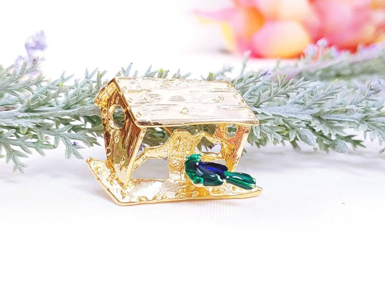 Vintage Adorable Bird House feeder Birdhouse Trembler Green Enamel Birdy Brooch Pin Gold Tone Garden Gardner Green Blue Bird Watcher image 1