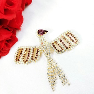 Vintage purple Articulated Pheonix Rising Thunderbird Bird wings Gold Tone Rhinestone Pin
