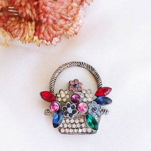 Vintage BEAUTIFUL basket Flower Cluster Arrangement Silver tone pink blue green red clear rhinestones pave covered brooch pin