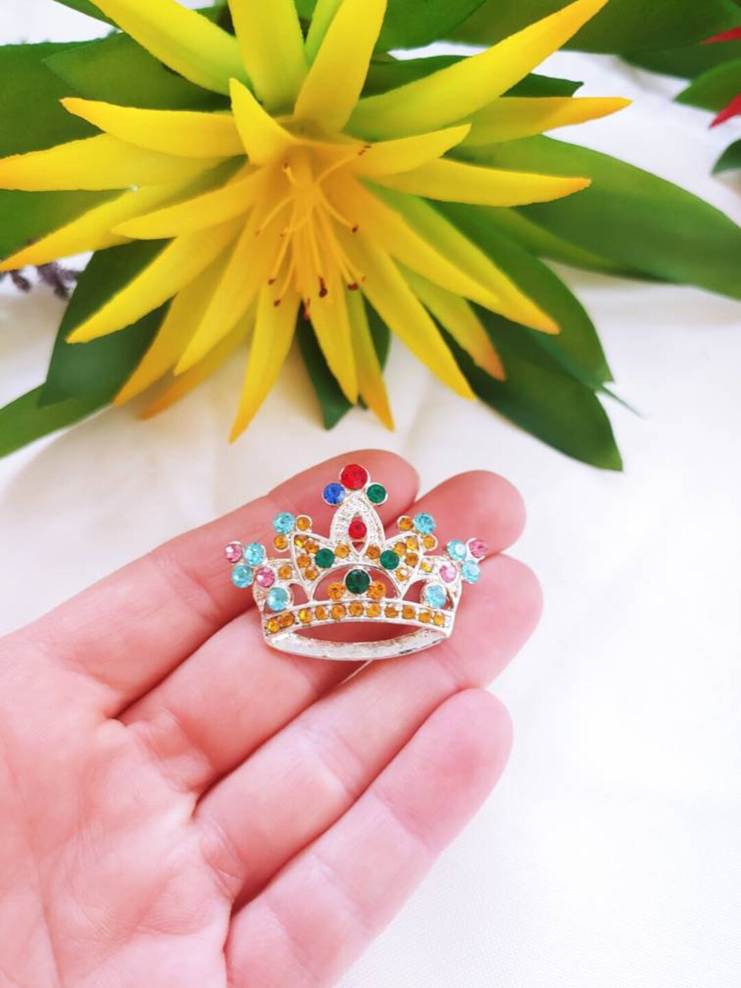 Vintage Jeweled Royal Crown Royalty Queen King Silver Tone Pink Red ...