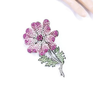 Broche vintage de flores 3D: broche de cristal rosa e verde com strass
